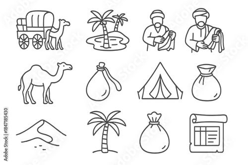Nomad Caravan Icons. Line style icons of Nomad Caravan: Caravan, Oasis, Merchant, Silk Fabric; Camel, Water Skin, Tent, Trading