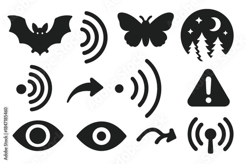 Echolocation Icons. Solid style icons of echolocation and predator-prey interaction: bat, sonar pulse, moth, wings spread, radar