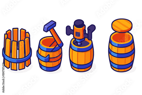 Barrel Construction Steps. Isometric vector illustration set Barrel Construction Steps: Stave arrangement ring, hoop tightening