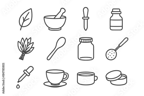 Herbal Icons Collection. Line style icons of Herbal Preparation: Herb, Mortar and Pestle, Remedy, Folk Practice; Tincture Bottle,