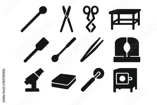Glassblowing Tools Icons. Solid style icons of glass tools: blowpipe, jacks tool, diamond shears, marver table, paddle, punty rod,