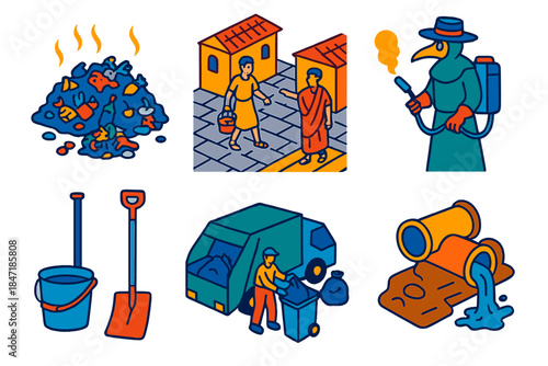 Waste Management Evolution. Isometric vector illustration set History of waste management: city waste heaps, Roman streets,