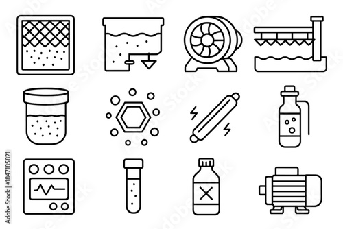 Water Treatment Icons. Line style icons of water treatment: filter screen, settling tank, aeration blower, sludge scraper; sand
