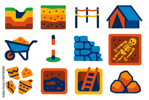 Archaeology Icons Set. Flat vector icons of Excavation Sites: trench section, layered soil profile, rope boundary grid, tent