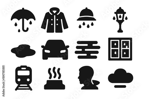 Rainy Night Icons. Solid style icons of Rainy Atmosphere: Umbrella, Coat, Hat, Streetlamp, Puddle, Car Lights, Fog, Dark Window,