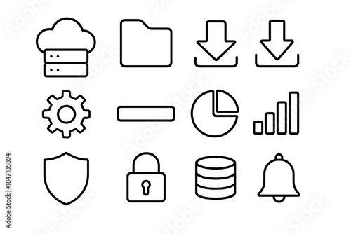 Digital Workflow Icons. Line style icons of digital workflow: cloud server, folder, upload arrow, download arrow; settings gear,