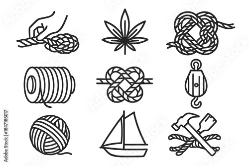 Hemp Craft Icons. Line style icons of Hemp Crafting: Twisting Fibers, Hemp, Sailor's Craft, Coil; Rope Spool, Knot, Pulley,
