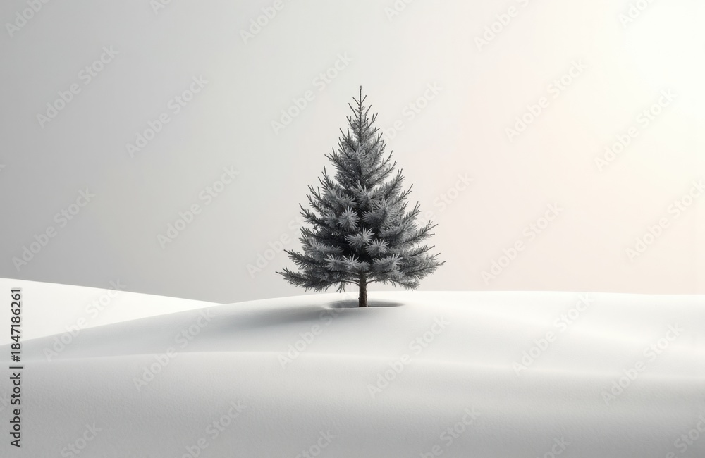 Fototapeta premium Tree alone in a snowy landscape under soft winter light with calm horizon glow