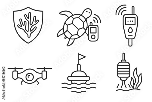 Marine Life Icons. Line style icons of marine life protectors: coral shield, turtle tracker, pollution detector, underwater drone,