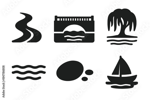 Serene River Valley. Solid style icons of river valleys of serenity: flowing river, bridge, willow tree, calm water, pebble, boat