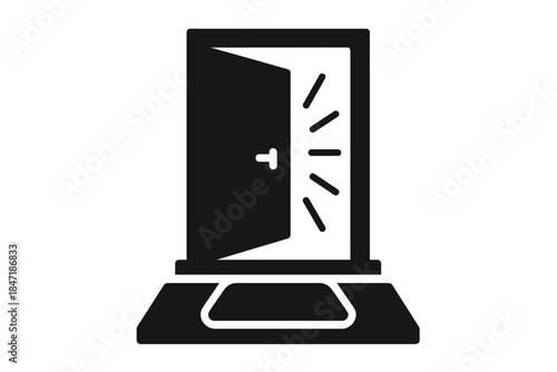 Open Door Welcome. Solid style icons of a welcoming door with light beams: doorway, open door, light rays, welcome mat, handle,