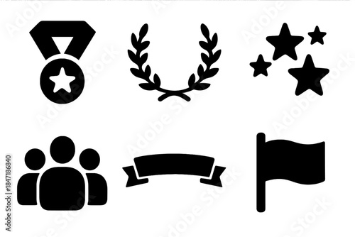 Peaceful Achievement Icons. Solid style icons of peaceful group achievement symbols: medal, laurel wreath, team icon, stars,