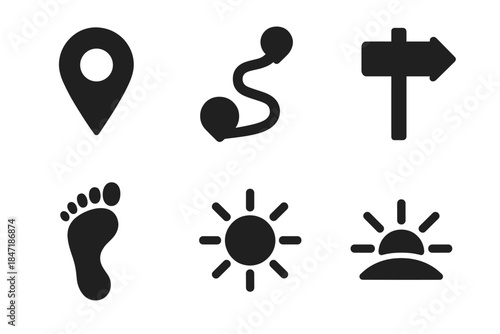 Wayfinding Tools Icons. Solid style icons of synchronized wayfinding tools: map pin, connecting path, milestone, directional arrow