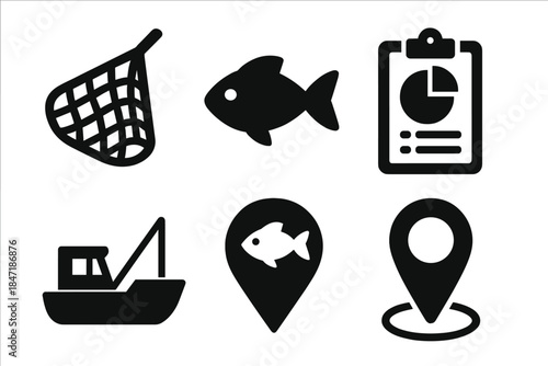 Sustainable Fishery Icons. Solid style icons of sustainable fishery management: fishing net, fish icon, clipboard, quota chart,