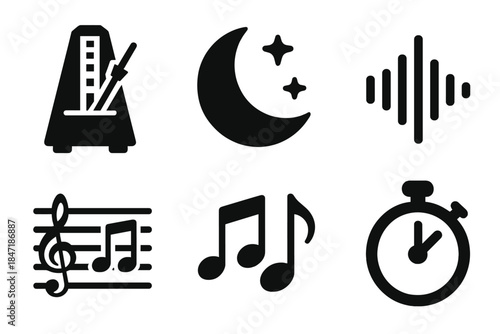 Nocturnal Music Icons. Solid style icons of nocturnal music devices: metronome, moon, sound wave, staff lines, note cluster, timer