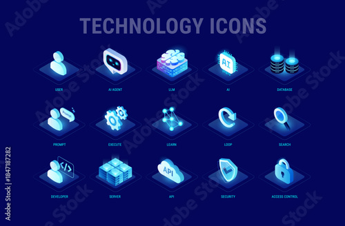 Technology icons set for workflow diagram - AI and data, AI agent, machine learning, API cloud integration, server, database, security, access control - high quality isometric vector