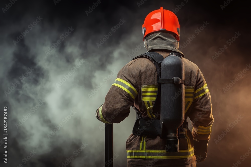 Fototapeta premium Firefighter in full gear with oxygen tank and red helmet standing in smoke filled environment from behind for safety and emergency concepts