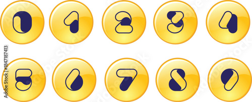 Glossy Yellow Geometric Number Icons Set. Abstract Modern Graphic Design with Dark Blue Digits from Zero to Nine for UI App Buttons, Business Data, or Logo Elements.