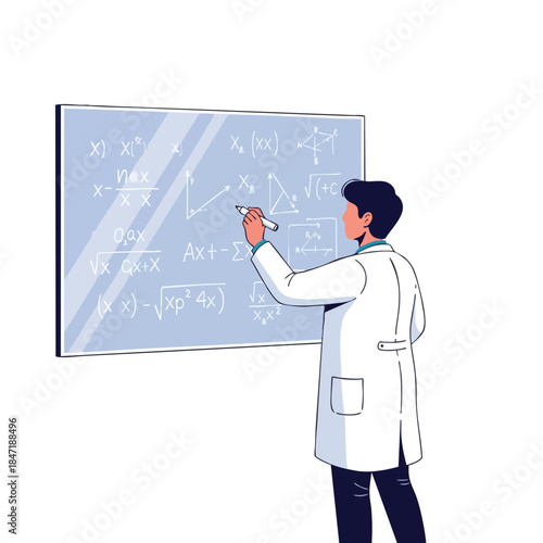 A person in a white coat writes math equations on a blue board with a marker