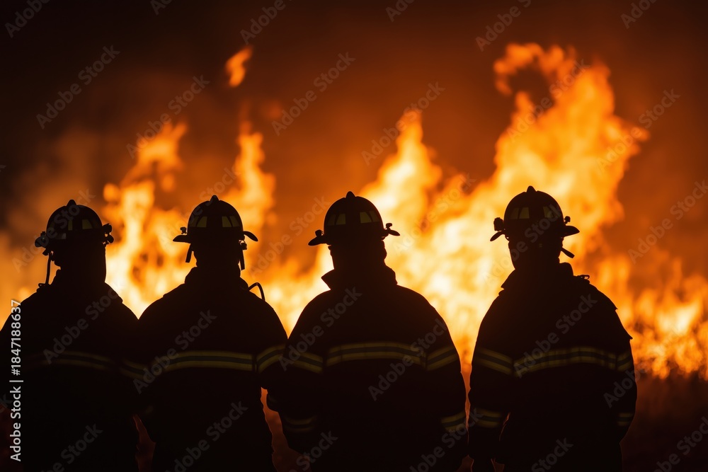 Fototapeta premium Silhouette of four firefighters with helmets standing in front of large flames and smoke during emergency response at night firefighting concept
