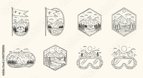Collection of Vintage Outdoor Adventure Emblems and Icons for Travel and Leisure.