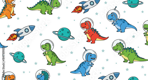 Cute Astronaut Dinosaurs and Rockets Seamless Pattern.