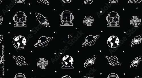 Cute Cartoon Space Pattern: Astronauts, Planets, Rockets, and Galaxies on Black Background.