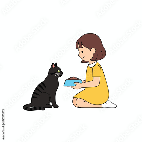 A child offering food to a black cat. The cat sits and stares up