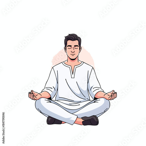 Illustration of a man in white clothing meditating, cross-legged, eyes closed