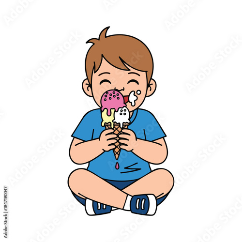 Cartoon child eating ice cream, seated with crossed legs, and a contented expression