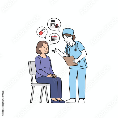 A nurse discusses medication with a seated patient, thought bubbles appear