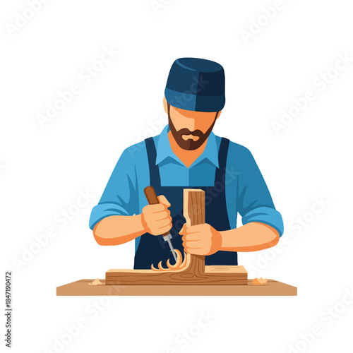 A woodworker carves a piece of wood with a chisel on a workbench