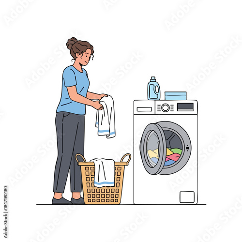 A woman doing laundry, holding a towel, with a washing machine, basket, and detergent