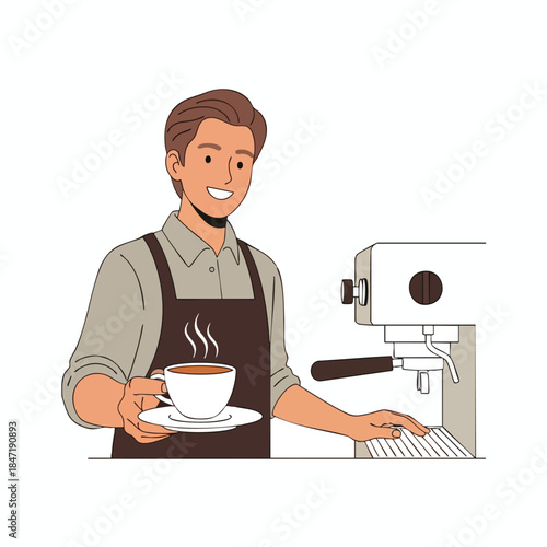 A barista holds a cup of coffee, standing near an espresso machine, smiling