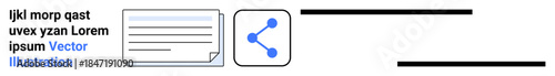 Document sharing, digital communication, social media, file organization, online data exchange, team collaboration. A file icon next to a share network symbol. Document sharing and digital