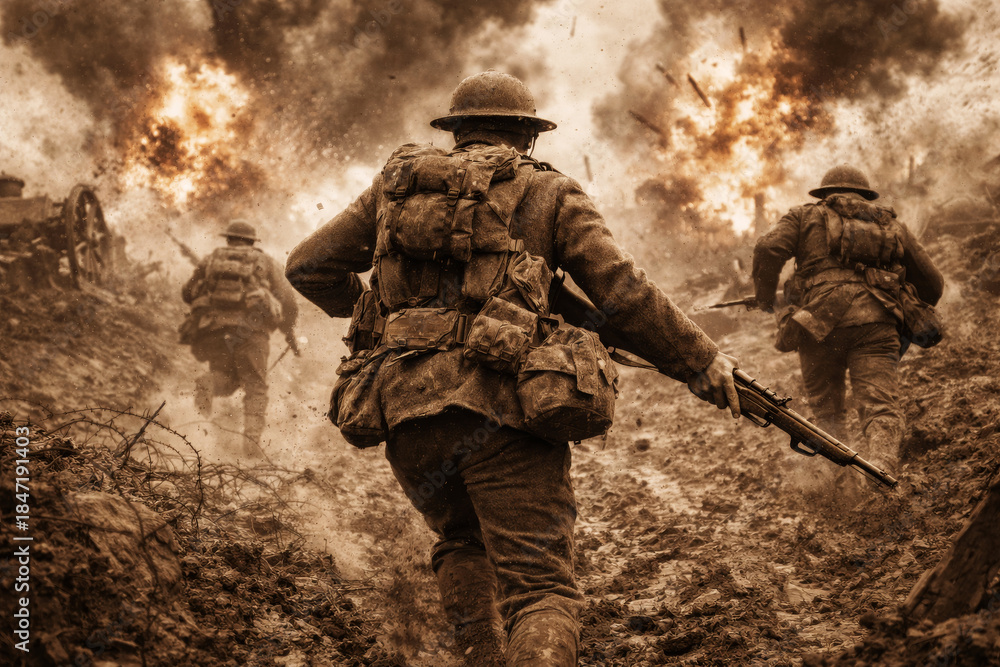 Obraz premium World War I infantry charge in battle. Dramatic cinematic scene. Historical warfare illustration for education, media, and documentary use