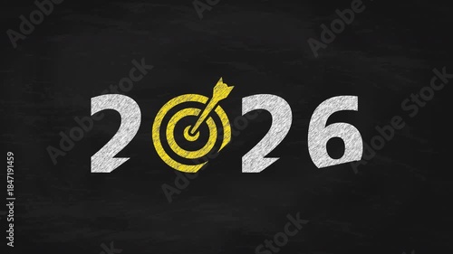 2026 Chalk Write-on Animation on Blackboard With Yellow Target and Arrow Symbol