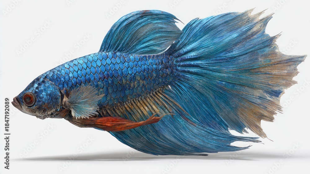 Obraz premium Vibrant blue betta fish with flowing fins isolated on white background