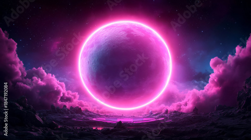 Neon pink moon with crystalline turquoise crater under starry sky for futuristic design