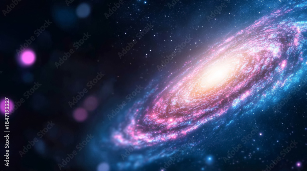 Fototapeta premium Mesmerizing electric blue galaxy spiral with pink light trails in cosmic space