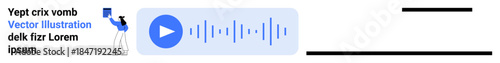 Audio streaming, content creation, digital storytelling, podcasting, online learning, sound integration. A play button with soundwaves and a person holding a book or device. Audio streaming
