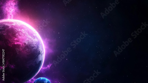 Electric magenta binary star system with blue planets orbiting in deep space