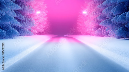 Vibrant pink and turquoise lights illuminate snowy suburban street in winter wonderland