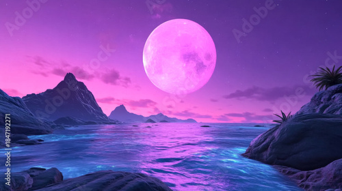 Surreal mars-inspired landscape with electric pink sky and turquoise ocean