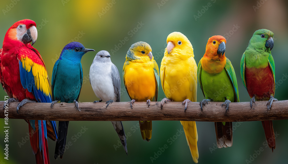 Obraz premium A group of colorful birds sitting on a branch together