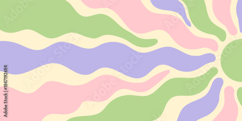 Groovy retro sun burst flat pattern flows with colorful wave and ray shapes. Y2k sunshine and sun meld in a modern background. Horizontal orientation brings bold color burst.