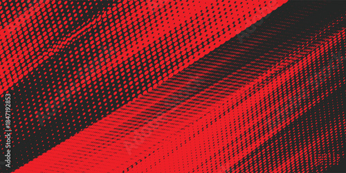 Dynamic black and red grunge halftone abstract background with diagonal brush stroke texture, modern and bold design suitable for sports posters, vector.