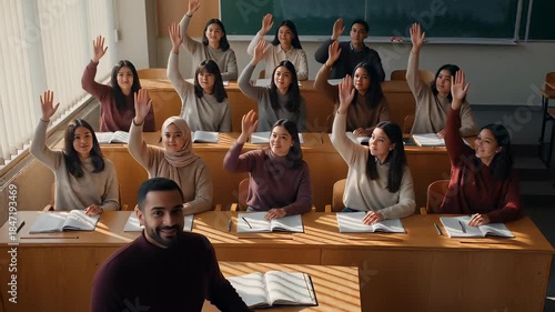 Diverse students raising hands to answer teacher in a sunlit classroom, illustrating education and active learning participation concepts.