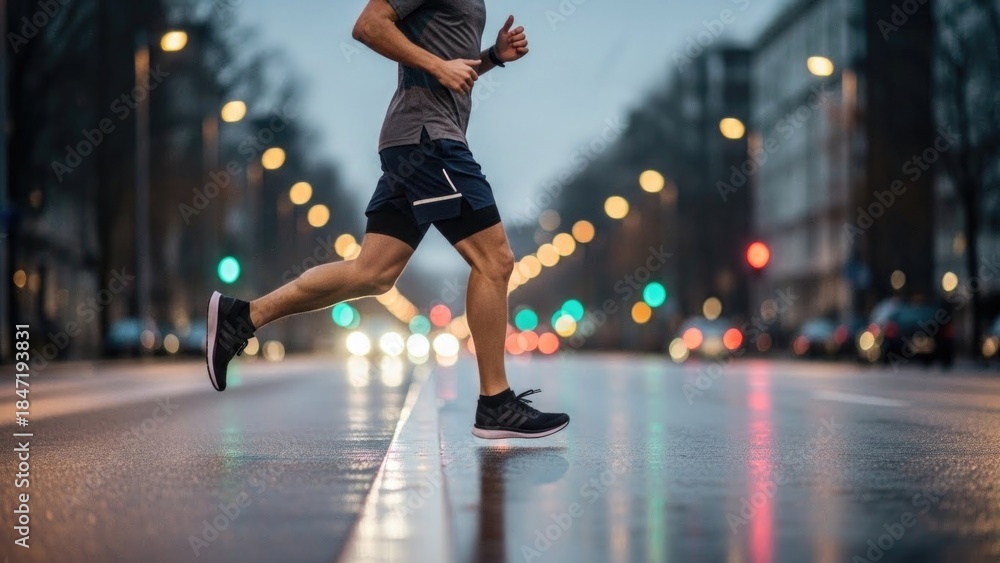 Fototapeta premium Young adult caucasian male running on wet city street at dusk with blurred lights