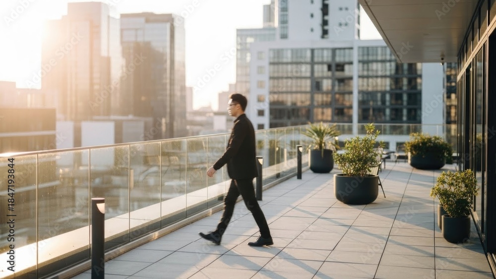 Obraz premium Asian young male walking on modern balcony with urban skyline in background